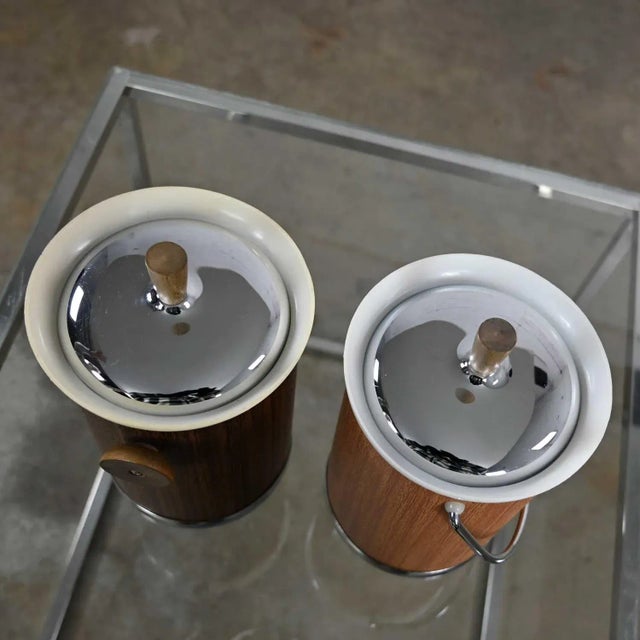 Vintage Mid-Century Modern Pair Kromex Ice Buckets 1 Light 1 Dark Woodgrain Textured Metal - Set of 2 For Sale - Image 4 of 13