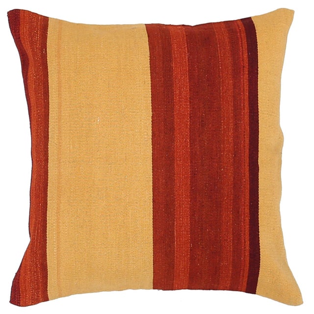 A one-of-a-kind handwoven wool kilim floor pillow featuring a golden ground with bold red and rust stripes. Fully...