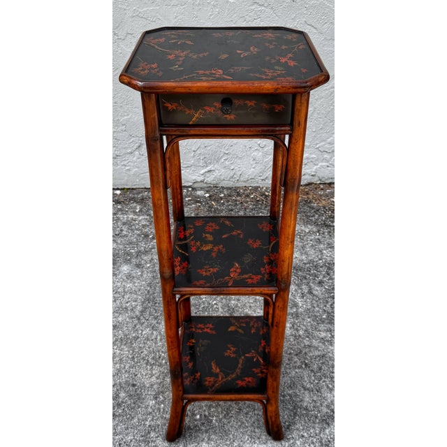 Theodore Alexander Chinoiserie Lacquered Bamboo 3-Tier Pedestal & Drawer For Sale - Image 4 of 8