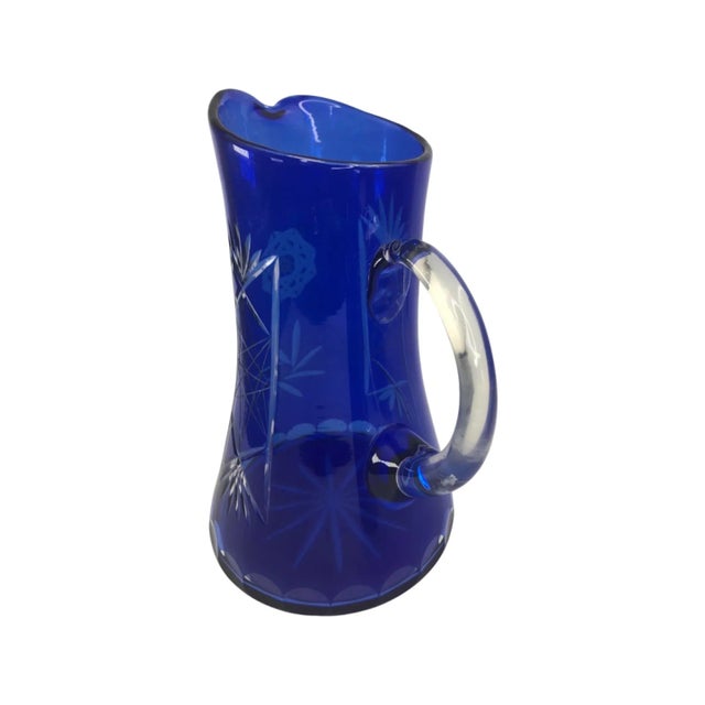 Set of 7 Bohemian Cut to Clear Cobalt Blue Pitcher and Six Glasses For Sale - Image 4 of 10