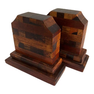 Multi Wood Mosaic Bookends in the Style of Don Shoemaker - A Pair For Sale