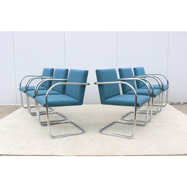 Blue MCM Ludwig Mies Van Der Rohe Brno Tubular Chairs Blue Fabric by Gordon, Set of 6 For Sale - Image 8 of 18