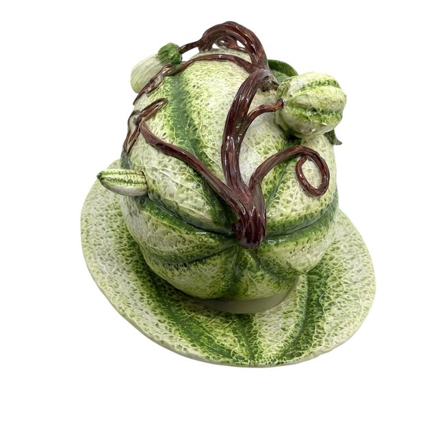 Majolica Vintage Italian Majolica Green Stipe Melon Tureen Tablescape Decor For Sale - Image 4 of 12