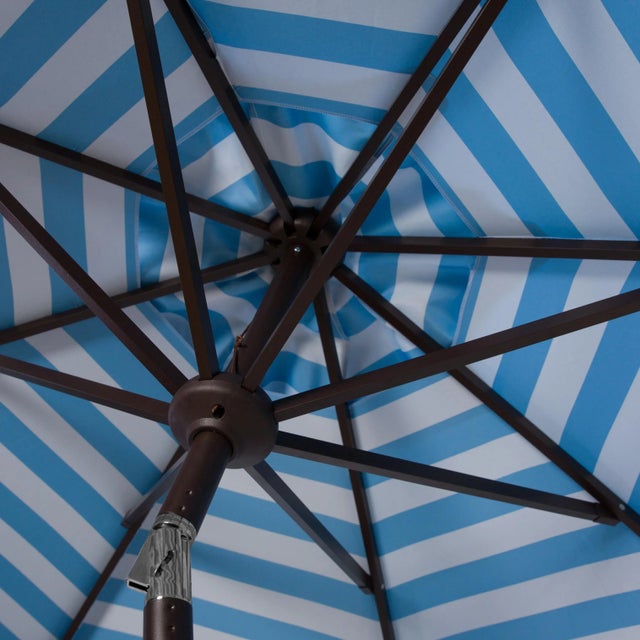 Modern Inside Out Stripe 9 Ft Crank Outdoor Auto Tilt Umbrella in Blue & White For Sale - Image 3 of 4