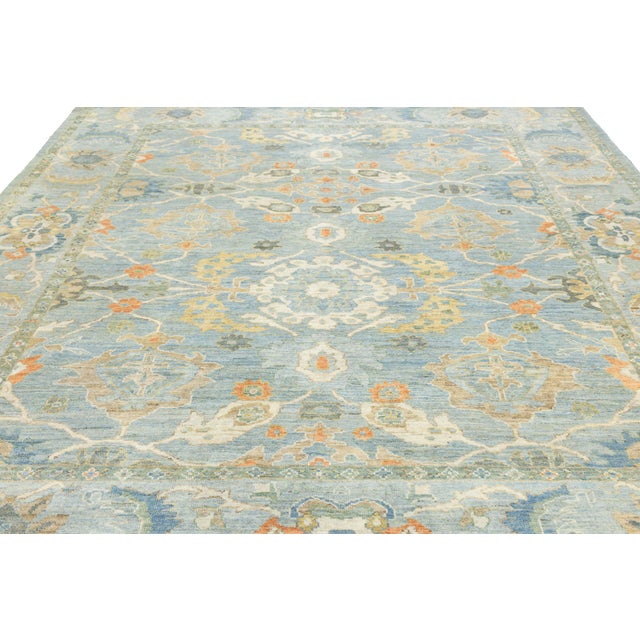 Modern Sultanabad Square Wool Rug - Light Blue & Terracotta Hand-Knotted For Sale In New York - Image 6 of 11
