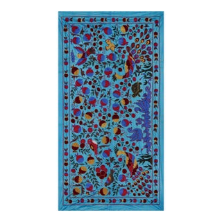 Blue Uzbek Suzani Textile – Peacock, Bird & Floral Motif Wall Art - Tapestry 3'4'' X 6 For Sale