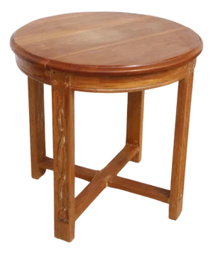Late 20th Century Mission Oak Round Top Occasional Table W/ Carved Legs And X Base Stretch