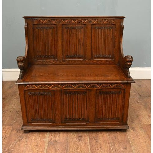 Jacobean Revival Oak Monk's Settle Bench, 1910s For Sale - Image 3 of 8