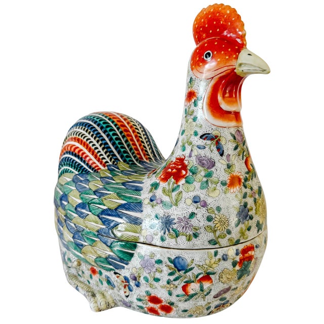 Chinoiserie Large Vintage Chinese Famille Rose Polychrome Enamel Rooster Form Covered Box & Tureen For Sale - Image 3 of 15