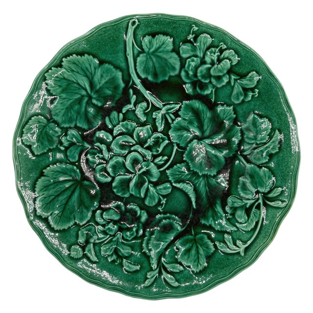 Ceramic Circa 1880 Majolica Green-Glazed Geranium Plate, Hope & Carter, English For Sale - Image 7 of 7