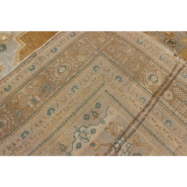 Brown Mid 20th Century Vintage Oushak Turkish Rug in Light Golden Brown Tan and Teal-Green Accents For Sale - Image 8 of 9