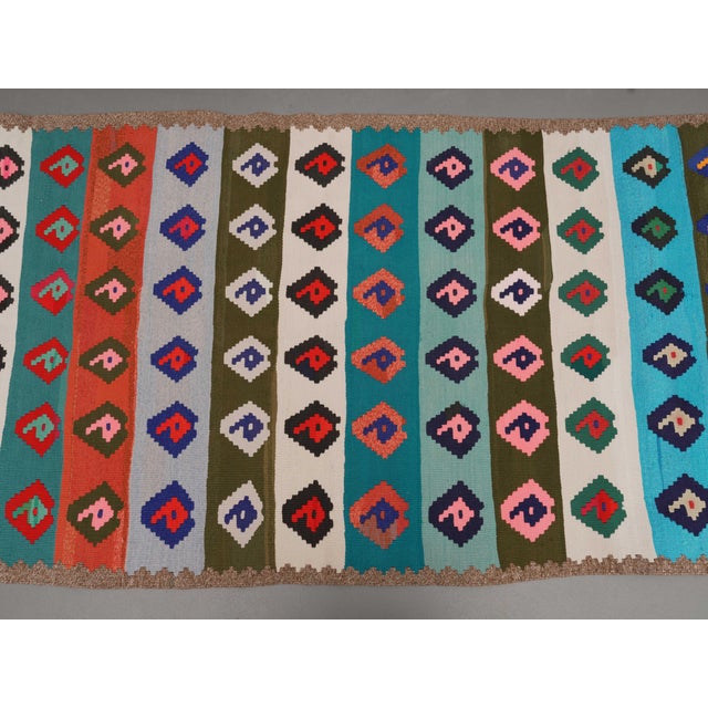1970s Vintage Handmade Wool Cotton Blue Runner Rug For Sale In San Francisco - Image 6 of 11