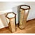Matching pair of tall hexagonal mirrored display pedestals with wood tops and bases. Sculptural, architectural pieces well...
