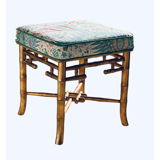 Maitland - Smith Chinese Chippendale Giltwood Faux Bamboo Bench in Quadrille Les Indiennes For Sale - Image 4 of 18