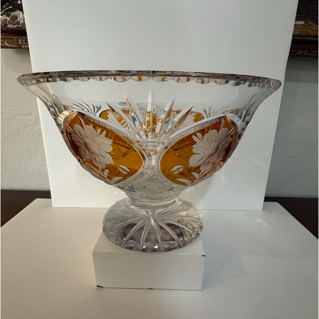 Vintage Polish Julia Cut Crystal Amber Overlay Footed Centerpiece Bowl For Sale - Image 9 of 9