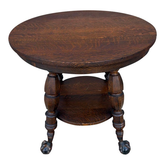 Antique Quartersawn Oak Round Tabouret Table With Glass Ball & Claw Feet For Sale