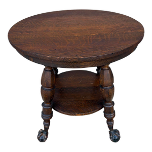 Antique Quartersawn Oak Round Tabouret Table With Glass Ball & Claw Feet