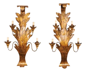 Mid 20th Century Italian Metal 4-Light Sconces in Leaf Motif- Set of 2