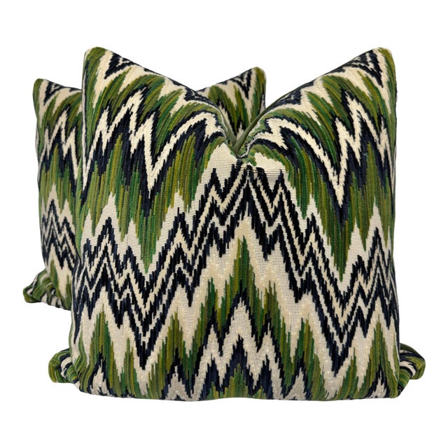 Thibaut "Rhythm Velvet" in Emerald/Navy 22" Pillows-a Pair For Sale