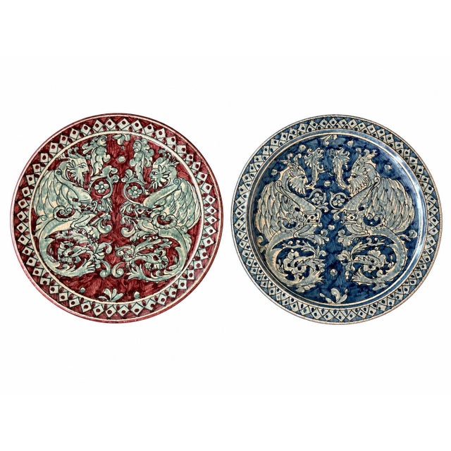 Italian 1950s Pair of Hand-Painted Italian Ceramiche Biagioli Gubbio Dragon Wall Chargers For Sale - Image 3 of 3