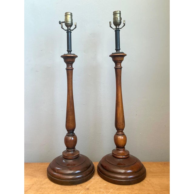 Mid 20th Century Vintage Theodore Alexander Turned Wood Candlestick Table Lamps - A Pair For Sale - Image 5 of 16