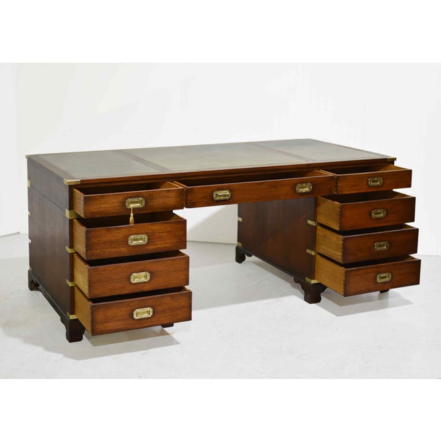 Mid Century English Campaign Mahogany Partner Desk Green Leather Top For Sale In Chicago - Image 6 of 11