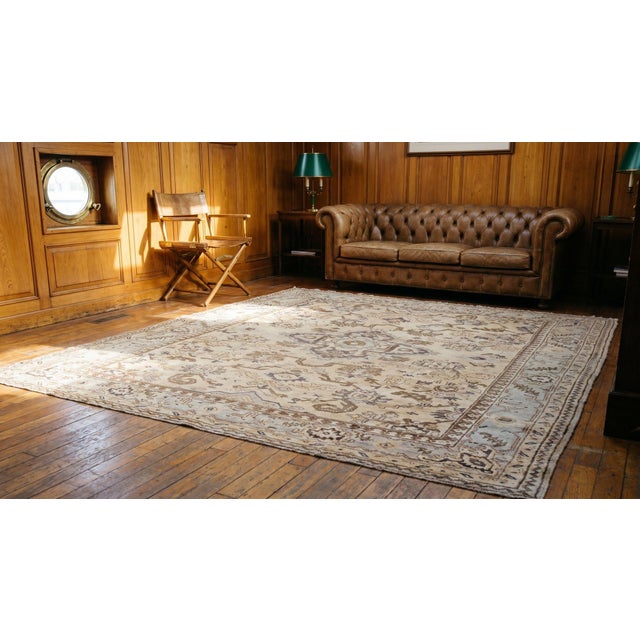 1920s Tan Beige Medallion Antique Turkish Decorative Oushak Rug 9'3" X 11'10" Handknotted Wool Carpet For Sale - Image 17 of 17