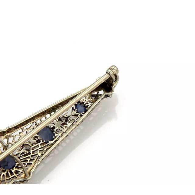 Art Deco Diamond & Sapphire 14k White Gold Filigree Brooch Pin For Sale - Image 4 of 5