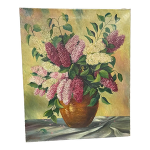 Mid 20th Century Oil on Canvas “Still Life of Lilacs in Vase” Signed Artist A. Werner Unframed