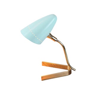 Arteluce Style Brass and Baby Blue Tripod Table Lamp, 1950s For Sale