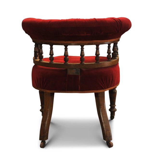 19th Century Red Velvet Buttonback Captains Chair with Porcelain Castors For Sale - Image 3 of 5