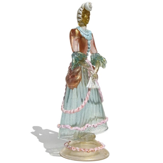 Figurative Murano Victorian Dress Woman Pink Blue White Gold Flecks Vintage Italian Art Glass Figure Sculpture For Sale - Image 3 of 13