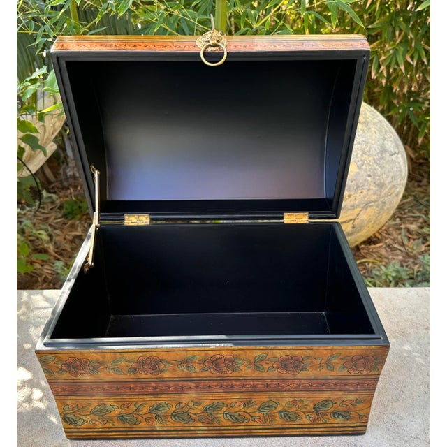 Vintage Chinese Wood Hand Painted Lacquer Large Dome Decorative Box With Lion Handle For Sale - Image 9 of 12