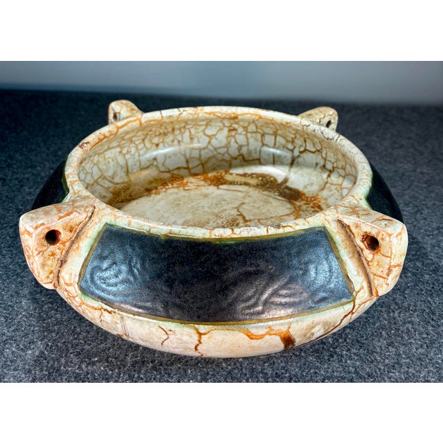 Fine antique art deco style pottery bowl featuring colors of black & white with veins of rust brown and a unique glazing...
