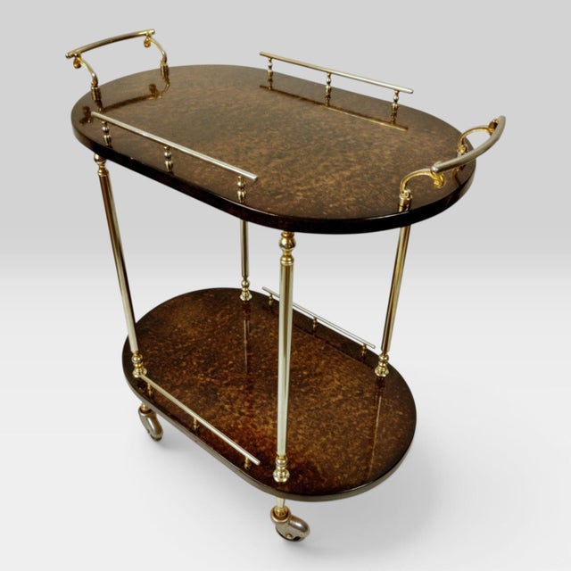 Mid-Century Modern Mid-Century Modern Italian Serving Trolley Bar Cart in Lacquered Goatskin Parchment, 1960s For Sale - Image 3 of 18