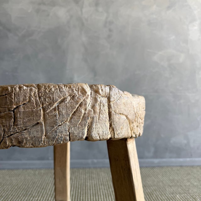 Vintage Elm Wood Wheel Side Table #A53 For Sale - Image 4 of 8