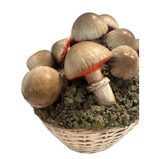 Vintage Italian Tromp l'Oeil Hand-Painted Woven Ceramic Basket of Mushrooms For Sale - Image 14 of 17