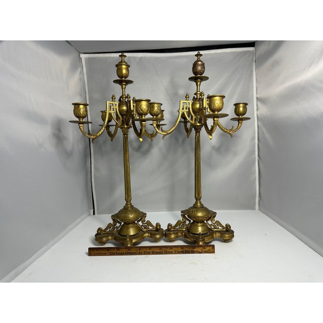 Antique Brass Candelabra Pair, Movement Gold Gilt Finish For Sale - Image 9 of 10