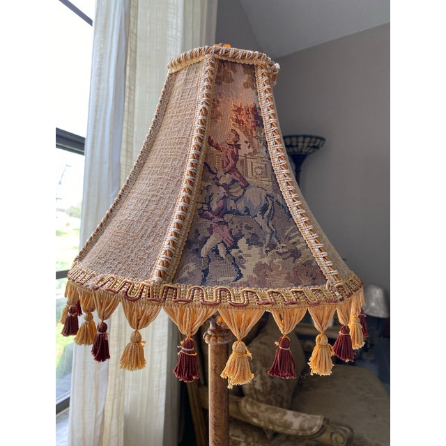 Antique Ornate Table Lamp With Embroidered Tassel Shade, Carved Decorative Base & Ribbed Glass Accent, Traditional French Style For Sale - Image 12 of 12