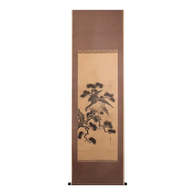 Pre-1940 Showa Era Japanese Printed Scroll "Pine Tree and the Hawk" For Sale