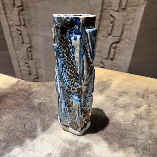 Textured Geometric Blue Vase Modern Studio Art Pottery For Sale In San Diego - Image 6 of 8