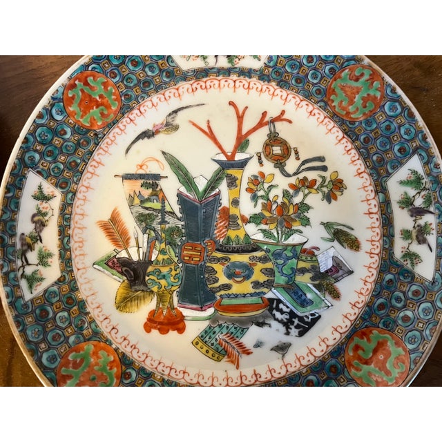 Antique 19th Century Chinese Export Porcelain Famille Rose Plates Decorated With Vases and Precious Objects - a Pair For Sale - Image 4 of 10