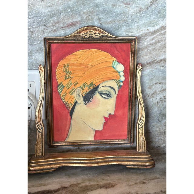Contemporary Mary Maguire Girl in a Turban Giclee With Hand Watercoloring in Vintage Standing Frame For Sale - Image 4 of 4
