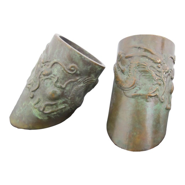 Chinese Bronze Dragon With Pearl Hoof Shaped Brush Cup Paperweight Pair For Sale