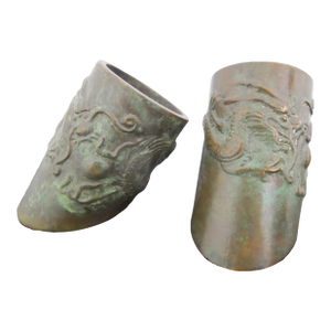 Chinese Bronze Dragon With Pearl Hoof Shaped Brush Cup Paperweight Pair