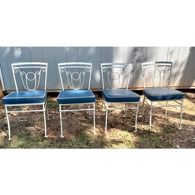 1960’s White Wrought Iron Patio Chairs W/Leather Seat Cushions 4 For Sale - Image 4 of 4