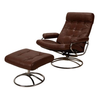 1970s Vintage Ekornes Stressless Recliner & Ottoman in Brown Leather For Sale