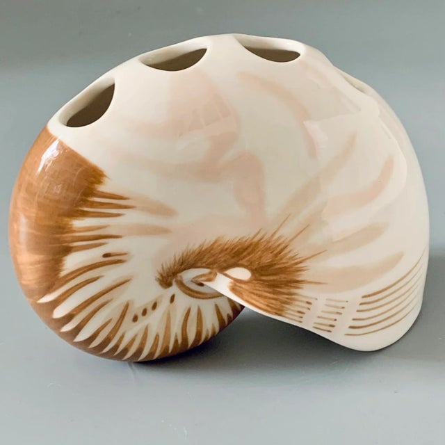 Mediterranean Vintage Coastal Decor Nautilus Shell Sculptural Ceramic Bud Vase For Sale - Image 3 of 6