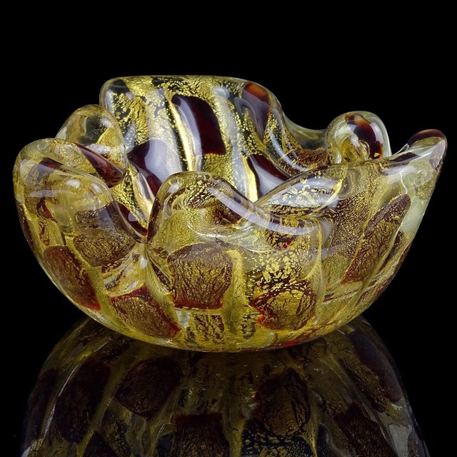 Barovier & Toso Vintage Murano Barovier Toso Red Spots Gold Flecks Italian Art Glass Mid Century Bowl Ashtray For Sale - Image 4 of 6