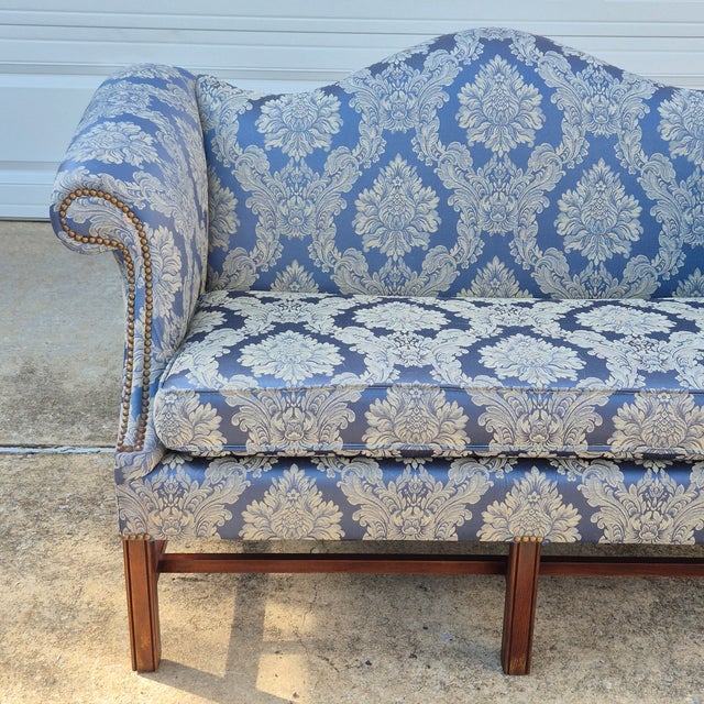 English Mid-20th Century Blue Damask Camelback Settee Loveseat Petite Sofa Rolled Arms Nailhead Trim For Sale - Image 3 of 16